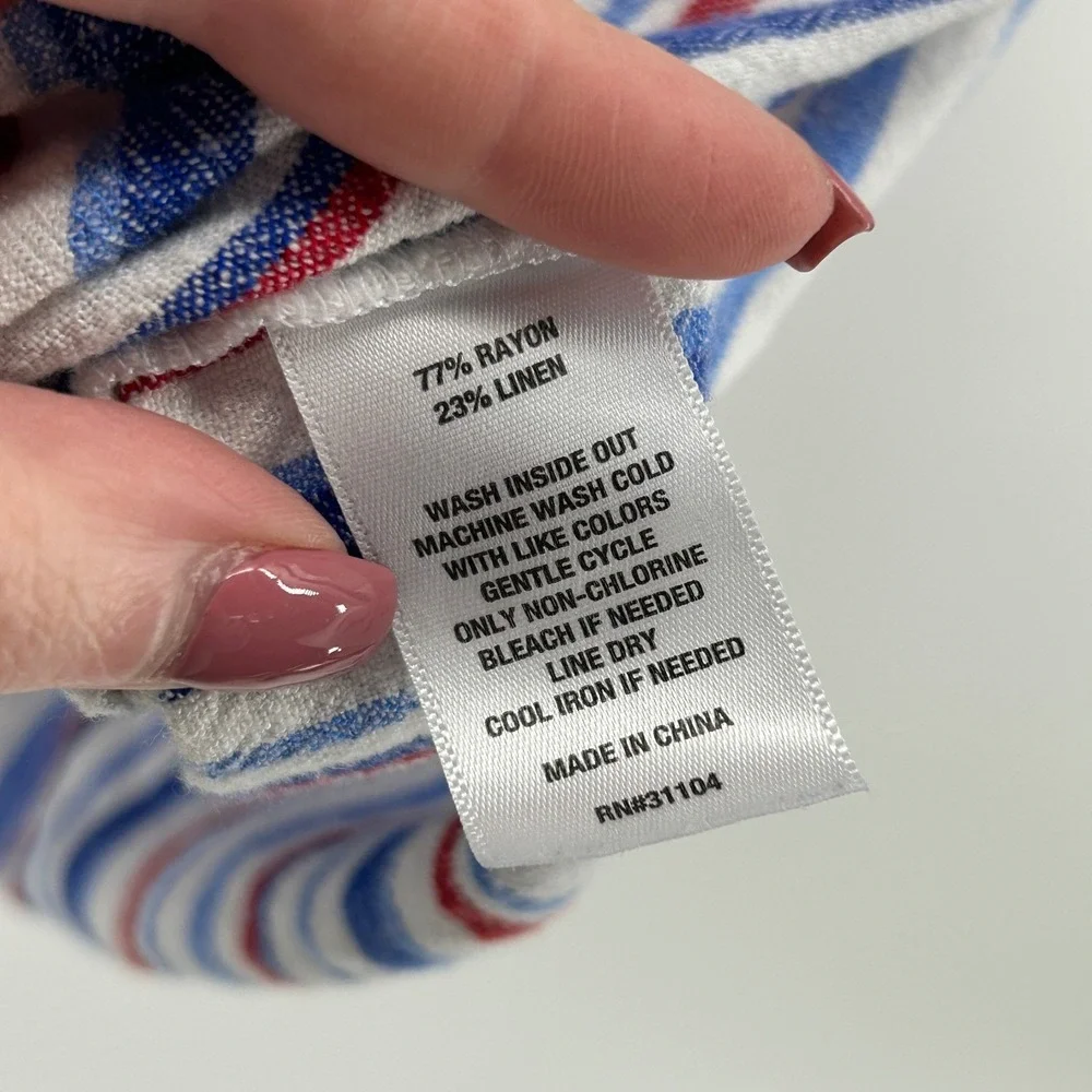 Kim Rogers Red White Blue Striped Linen Blend Tie Front Shirt L Casual Patriotic